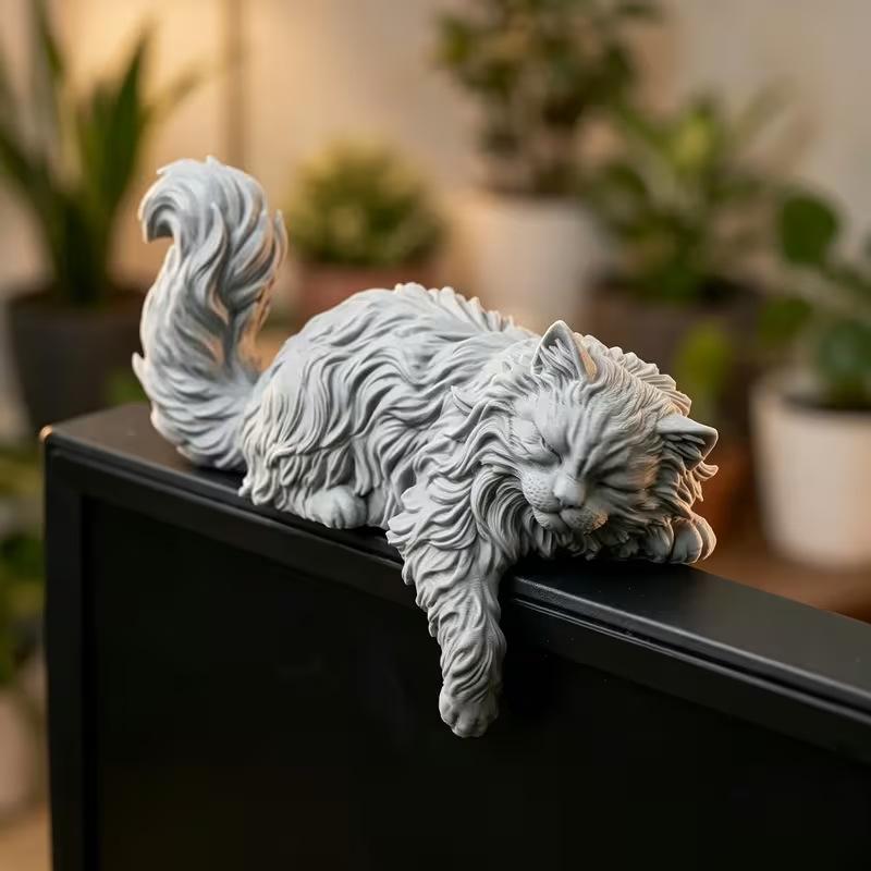 Home Office Gif - Sevimli Uzun Saçlı Uyuyan Kedi Figürü